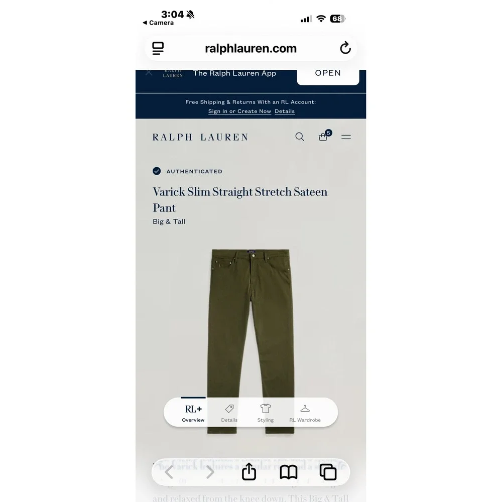 Polo Ralph Lauren Mens 42B/32 Varick Slim Straight Stretch Sateen Pants Olive